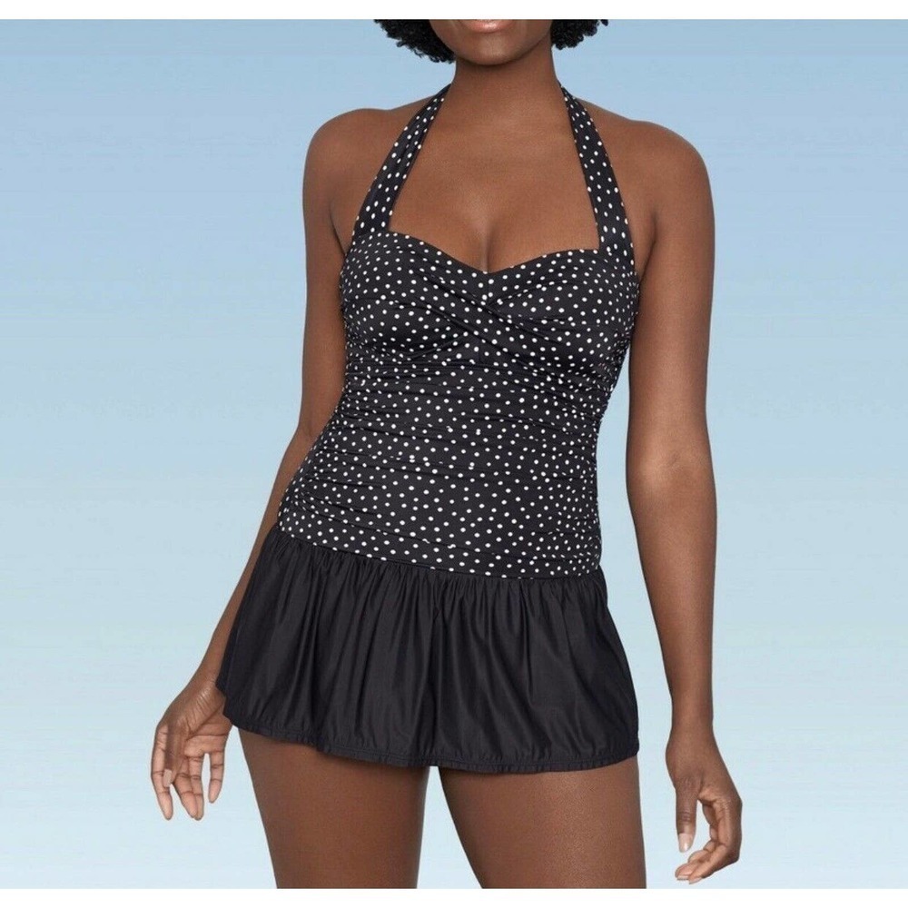 Dreamsuit Black White Polka Dot Halter Swimsuit Swim Dress Retro Pinup Sz 8